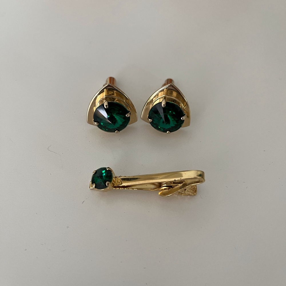 Gold and Green Cufflinks and Tie Clip